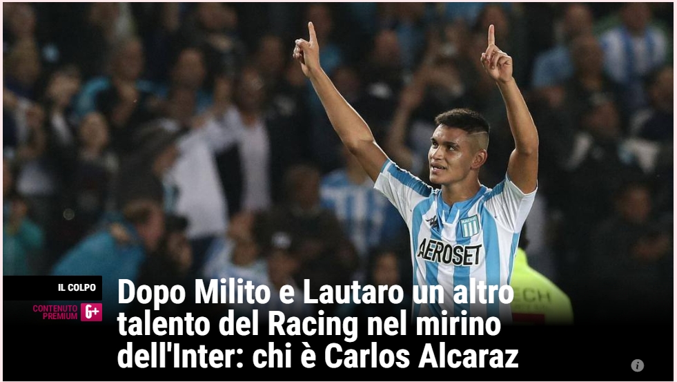 米体：米利托和劳塔罗之后，国米关注另一名竞技队球员阿尔卡拉斯