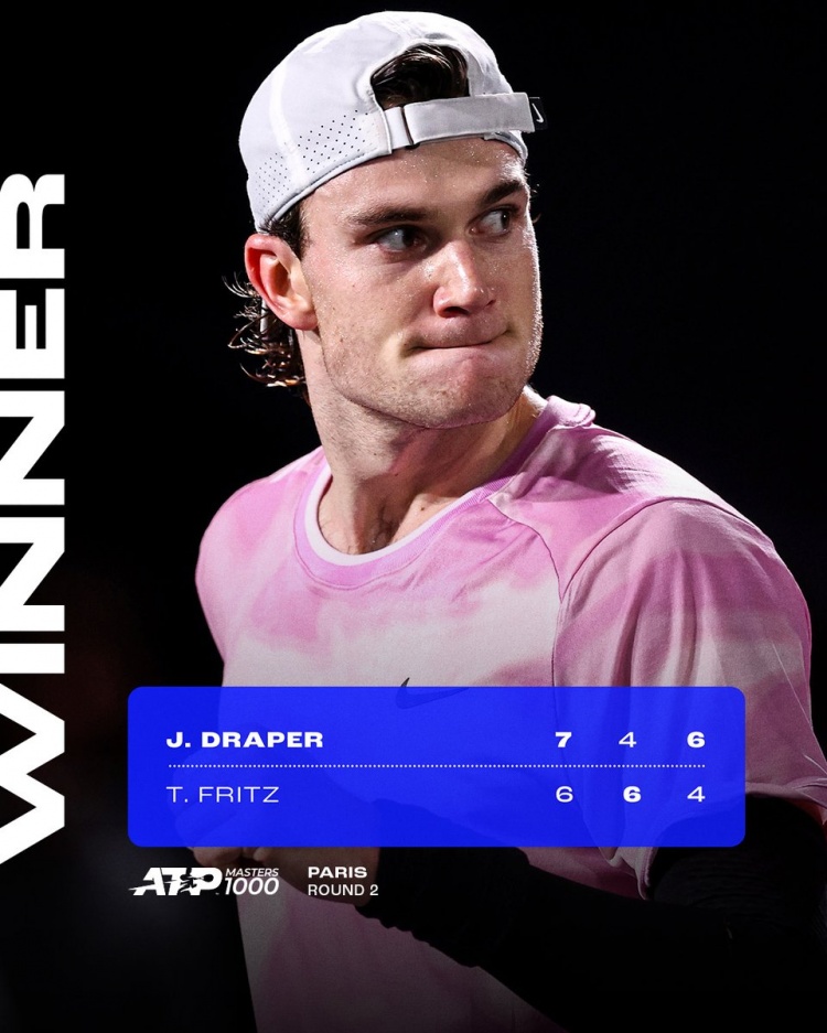 ATP1000巴黎大师赛：世界第6弗里茨1-2不敌德雷珀，遭遇一轮游