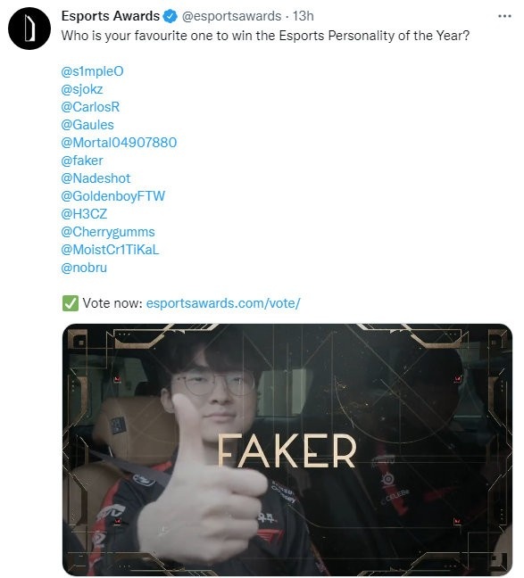 年度电子竞技奖项评选：Faker提名年度电竞人物