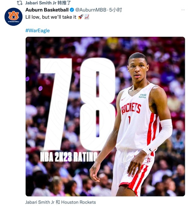 自己2K评分78?小贾巴里-史密斯转发:有点低 但会接受