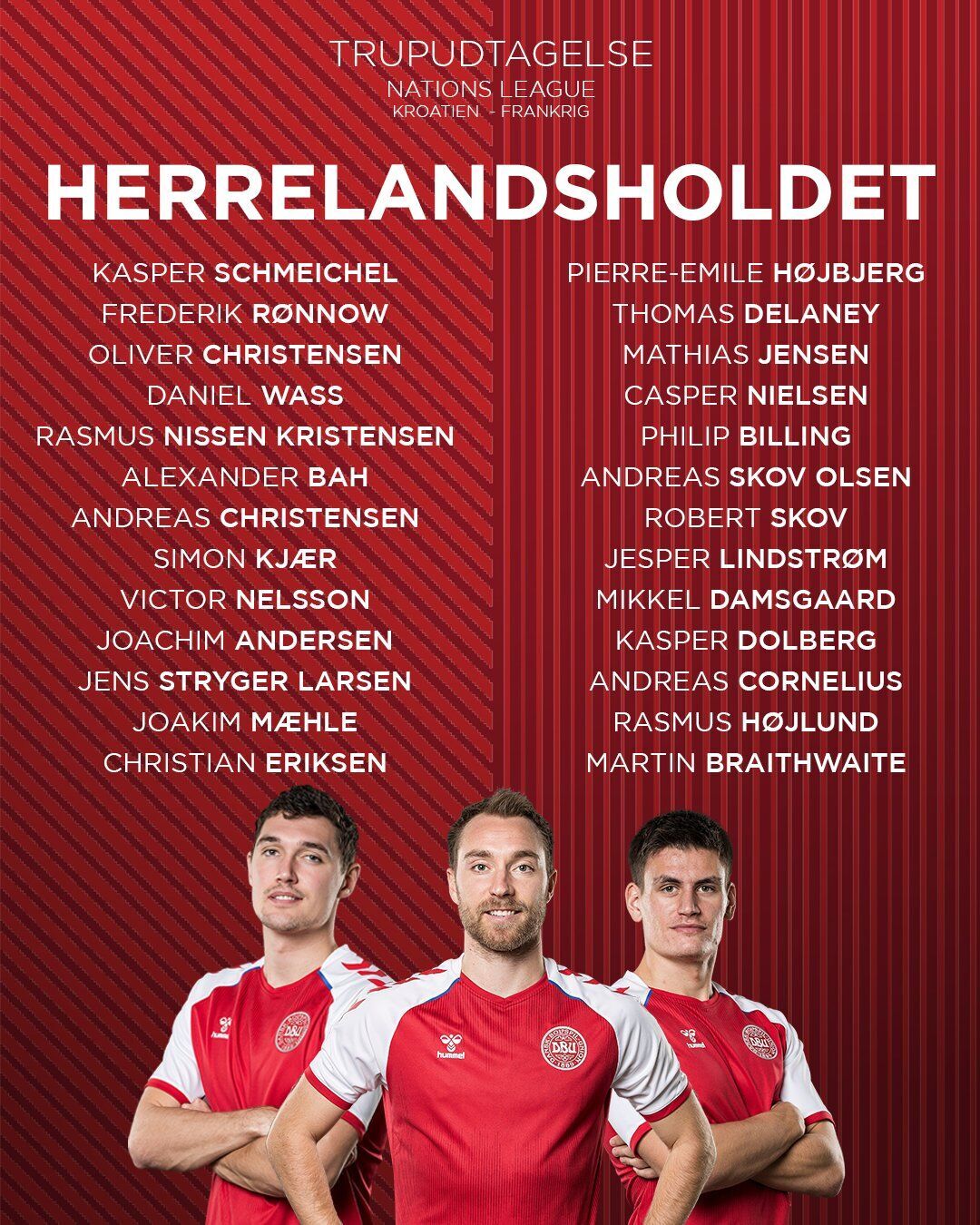 丹麦欧国联26人大名单：埃里克森领衔，舒梅切尔、克里斯滕森在列