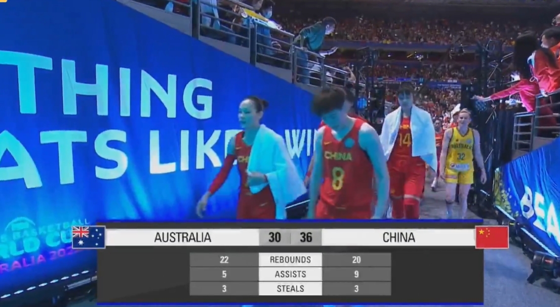 女篮世界杯半决赛半场：中国36-30澳大利亚 韩旭13分杨力维9分