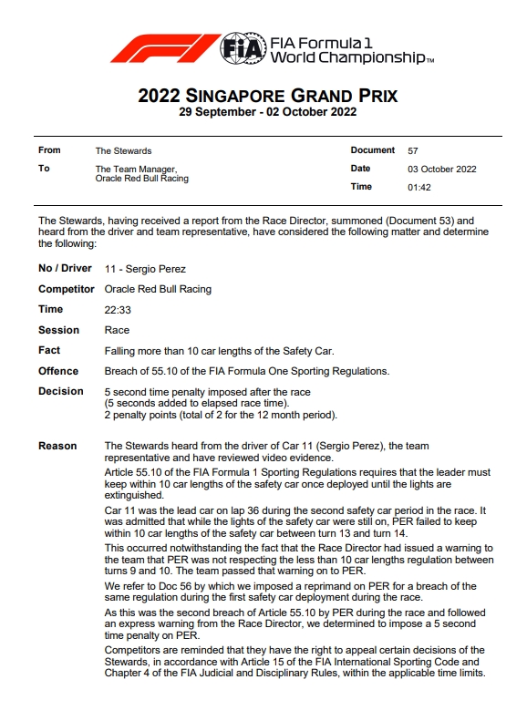 FIA官方：佩雷兹违规被罚时5秒，仍是F1新加坡站冠军