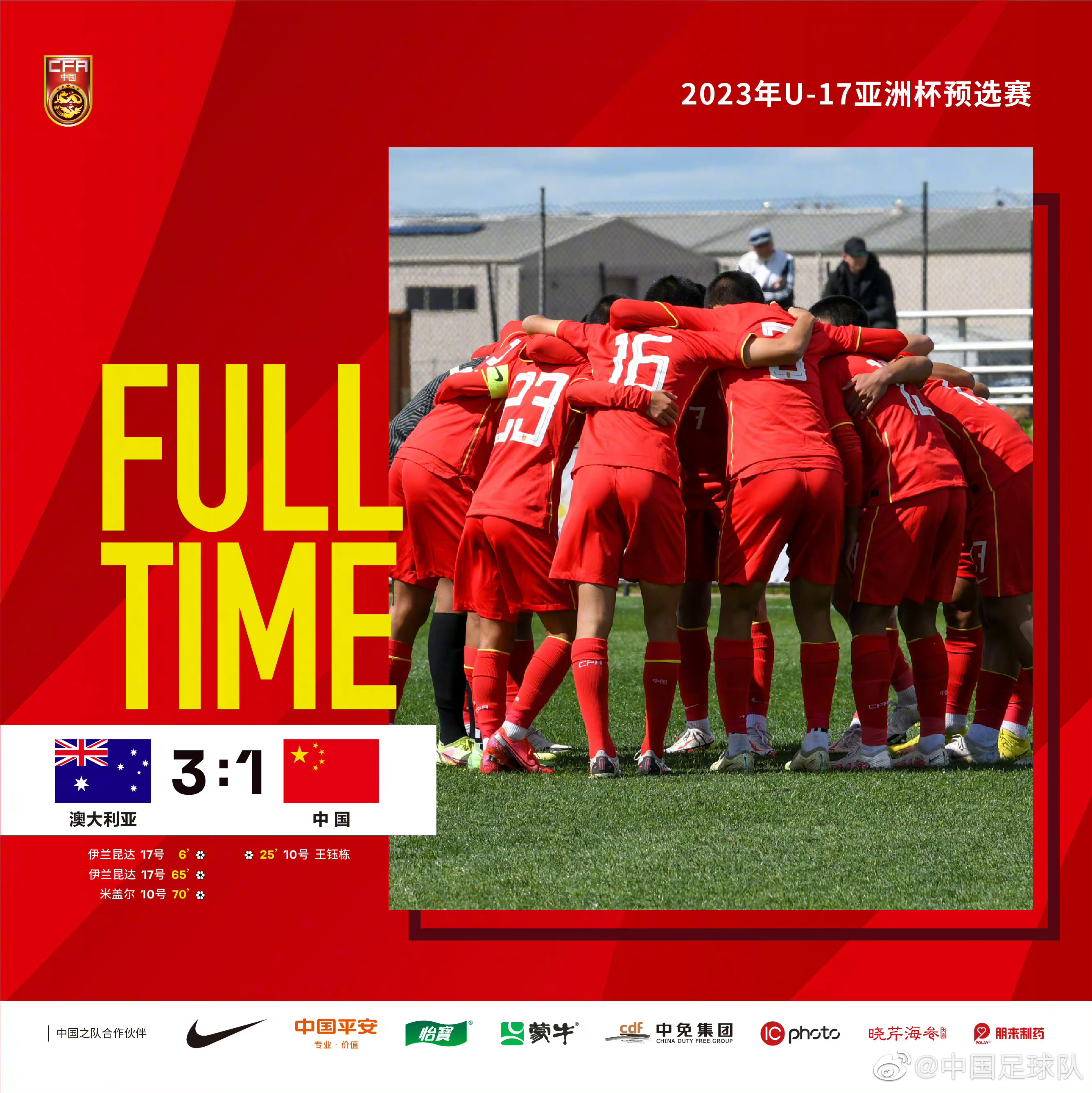 国少U17亚洲杯与澳大利亚同组，去年预选赛阶段曾1-3落败