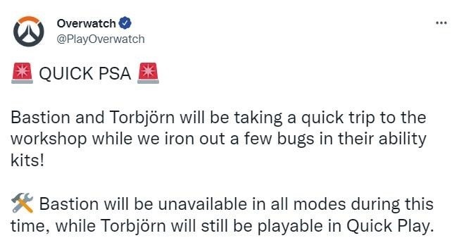 技能Bug 堡垒和托比昂已被《守望先锋：归来》暂时禁用