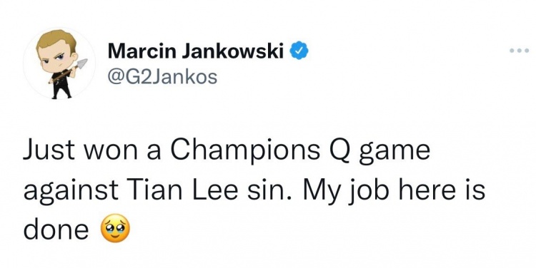 Jankos发推：刚刚在美超服赢下了Tian的盲僧，我的使命完成了
