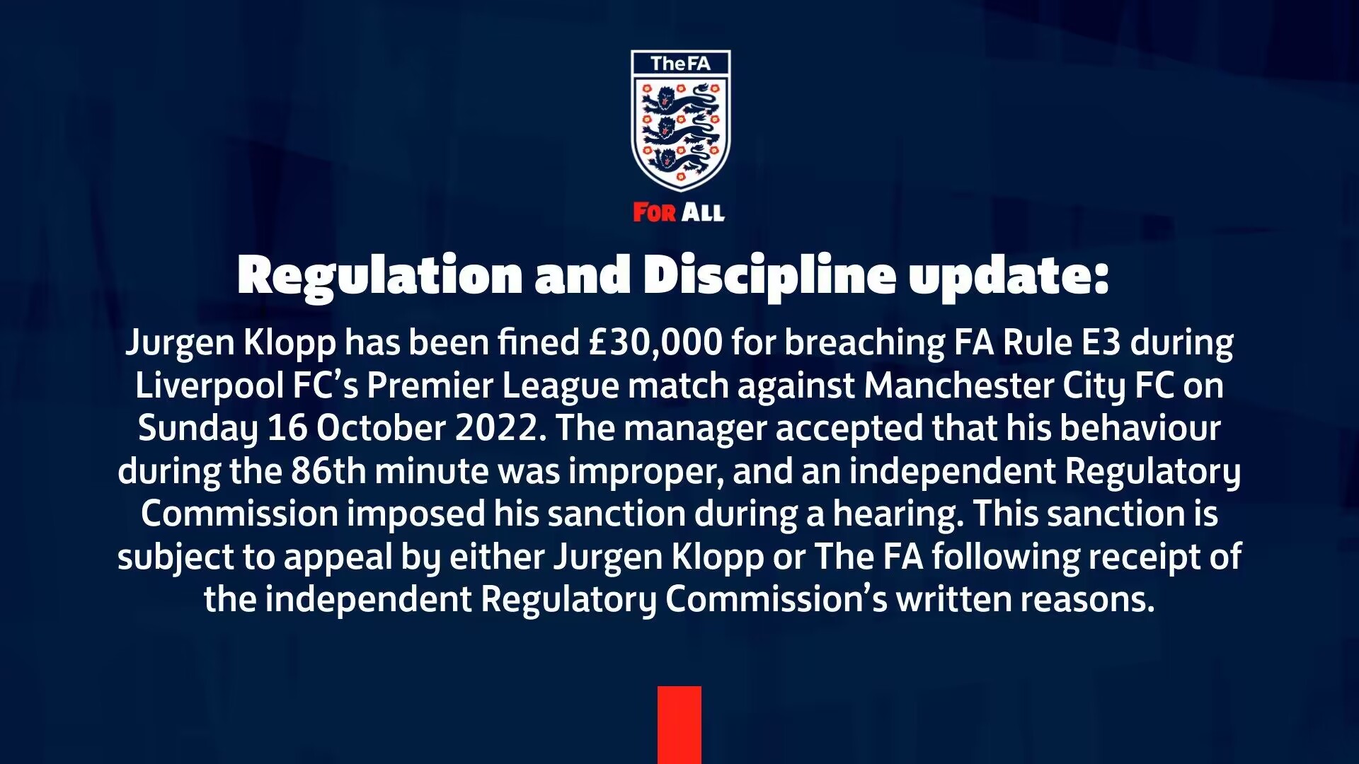 英足总官方：克洛普因战曼城不当行为罚款3万英镑 公告未提及禁赛