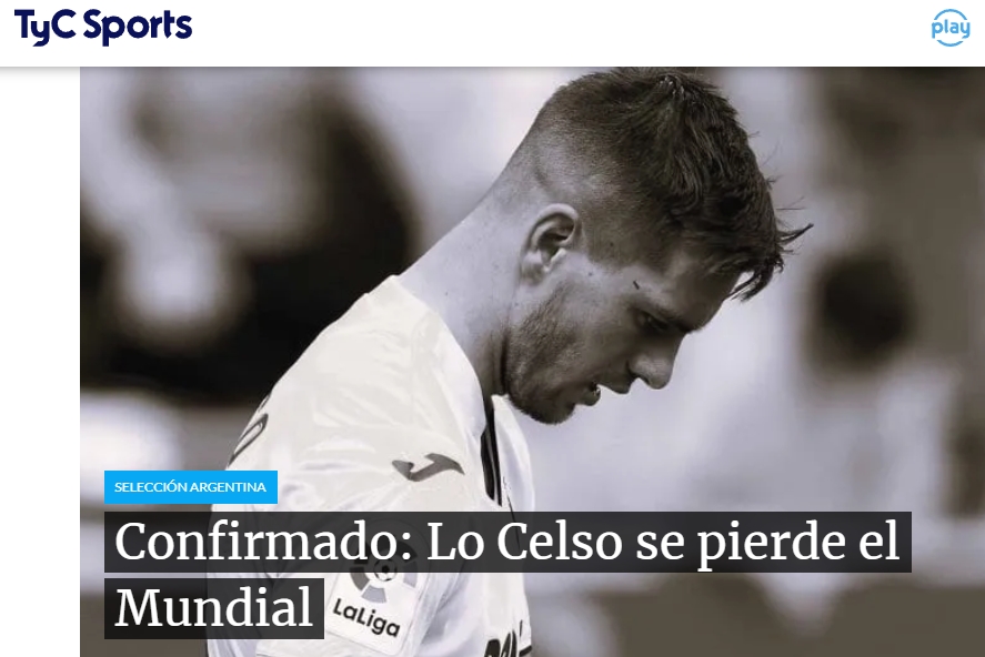 多家媒体确认：洛塞尔索无缘世界杯，球员必须接受手术