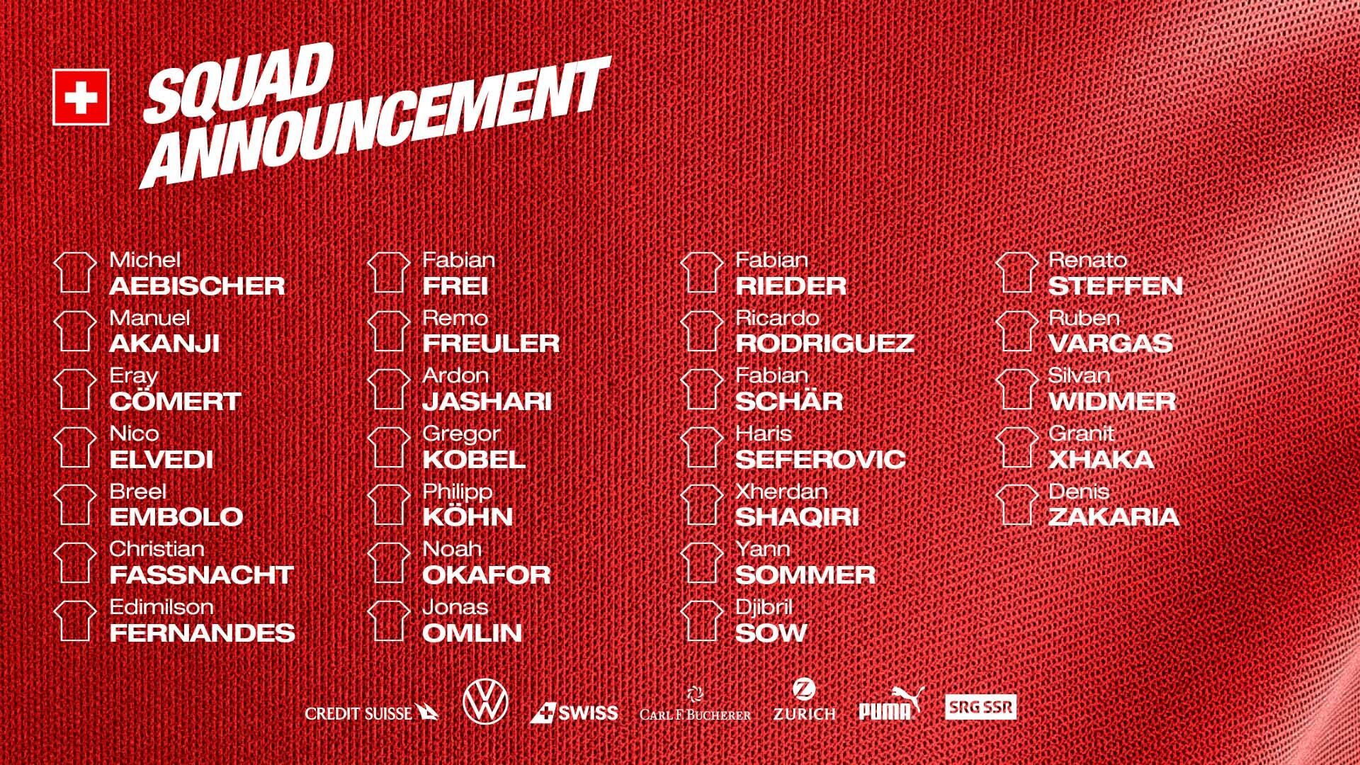 瑞士26人世界杯名单：扎卡领衔，沙奇里、阿坎吉入选，4门将出征