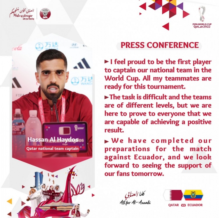卡塔尔队长：世界杯的任务很艰巨，但我们有能力取得积极结果