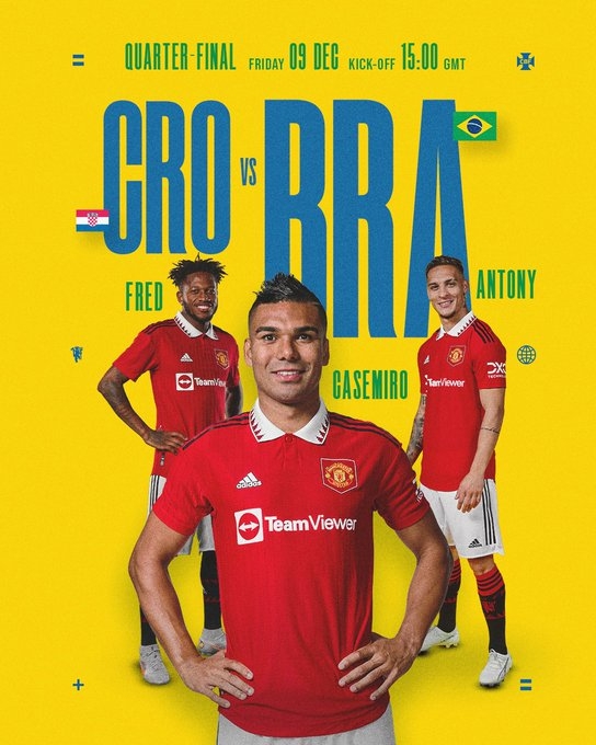 曼联晒巴西vs克罗地亚海报，为巴西红魔胖虎、安东尼、弗雷德助威