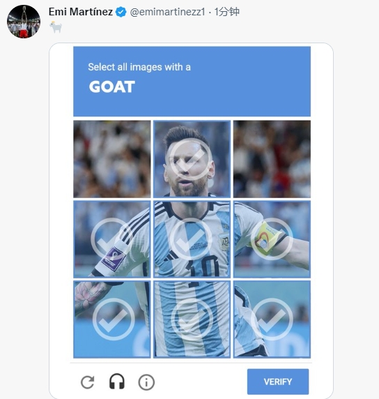 马丁内斯晒验证码梗图：选出含有GOAT的图像，勾选梅西就对了