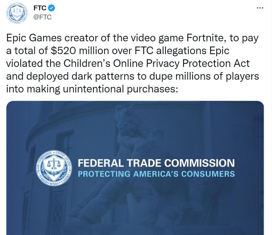 Epic被FTC罚款5.2亿美元！因游戏骗氪需退款2.45亿
