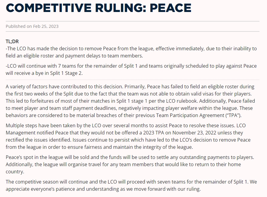 LCO官方：PEACE战队因欠薪等问题被大洋洲联赛除名
