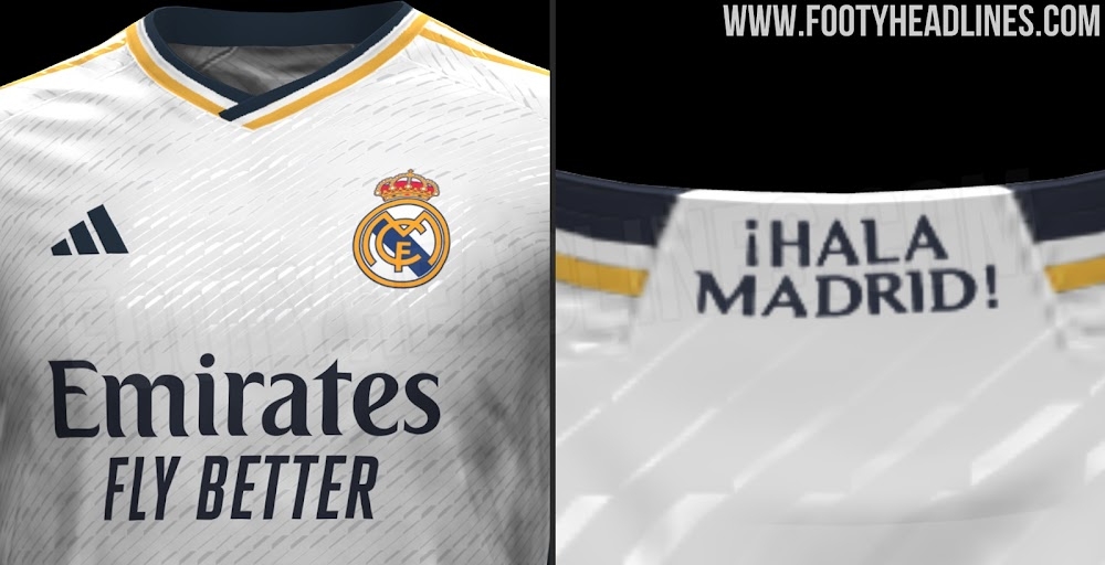 皇马下赛季主场球衣细节：金边线条搭配口号“Hala Madrid”
