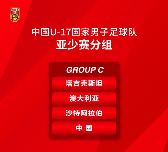 U17亚洲杯：U17国少与塔吉克斯坦、澳大利亚、沙特同组