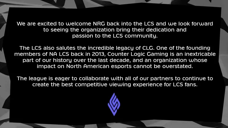 LCS官宣：北美NRG俱乐部已经正式收购CLG的联赛席位