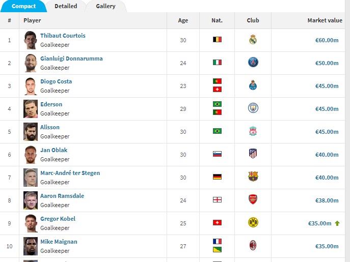 门将身价前十：库尔图瓦6000万欧居首，迈尼昂3500万欧位列第十