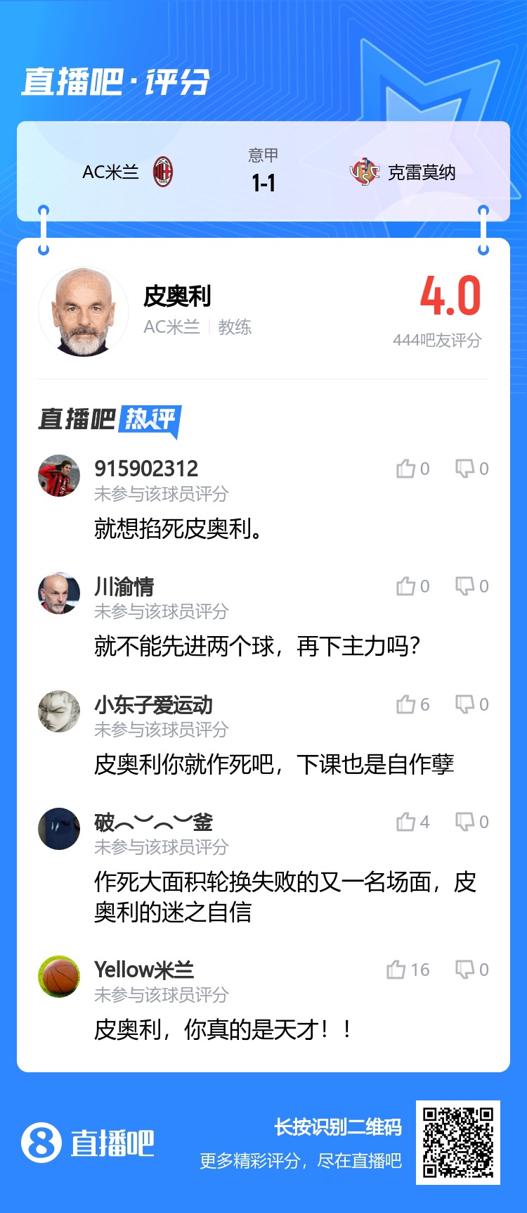 吧友点评皮奥利：4.0分不及格！作死大轮换失败，迷之自信