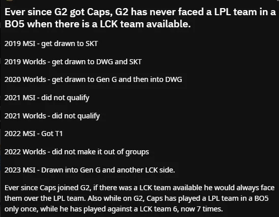Caps趣味规律：加入G2后国际赛BO5 LCK未淘汰时 只会和LCK交手