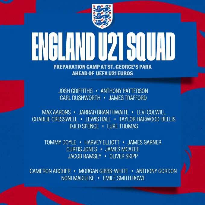 英格兰U21欧青赛预选名单：科尔维尔、埃利奥特、史密斯罗入选