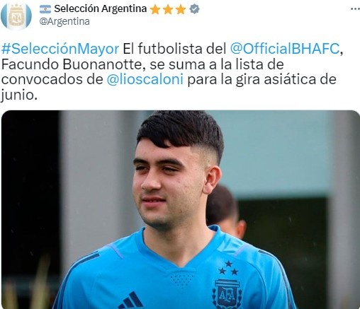 阿根廷官方：征召布莱顿18岁边锋布纳诺特参加亚洲行