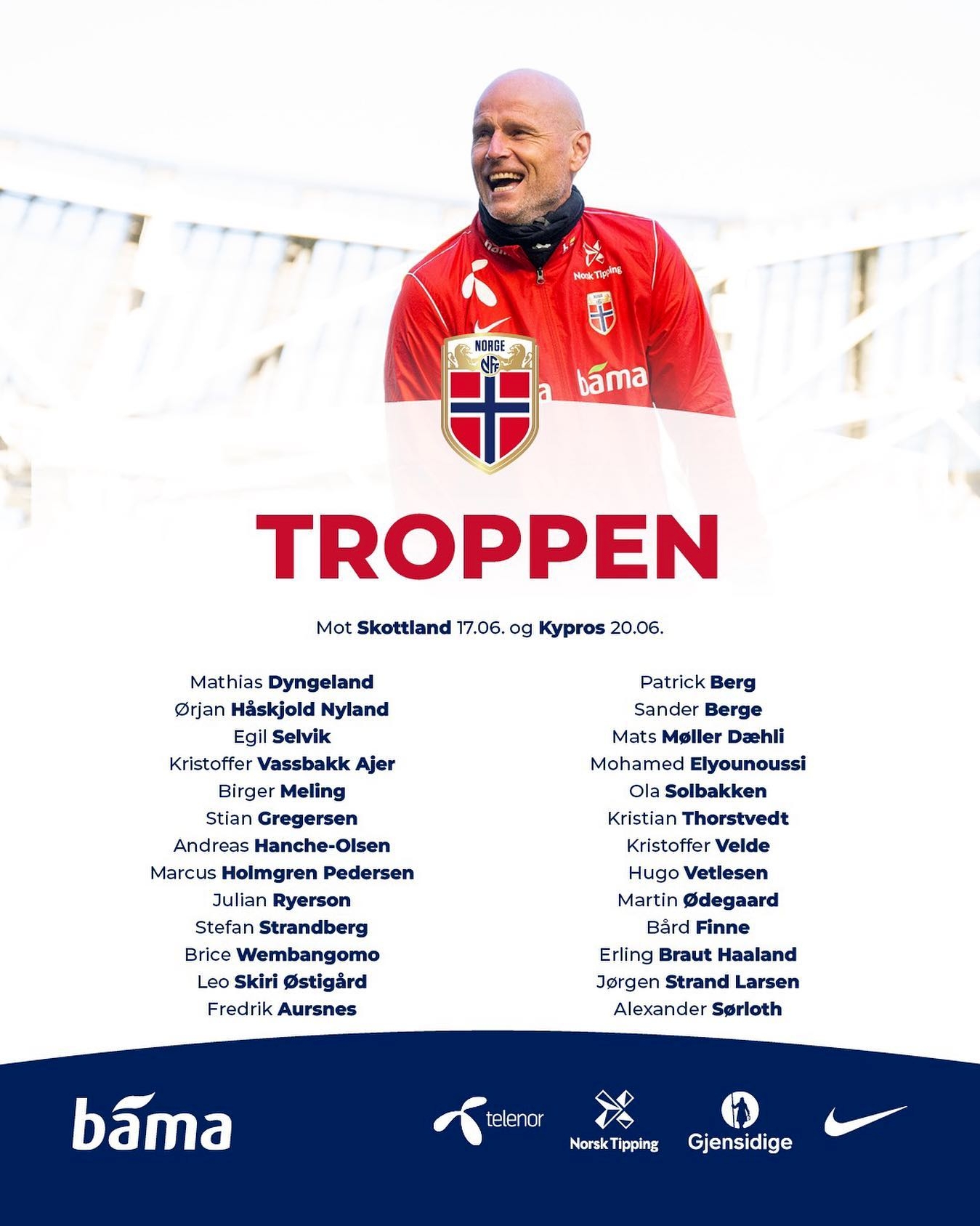 挪威大名单：哈兰德、厄德高领衔，索尔洛特入选