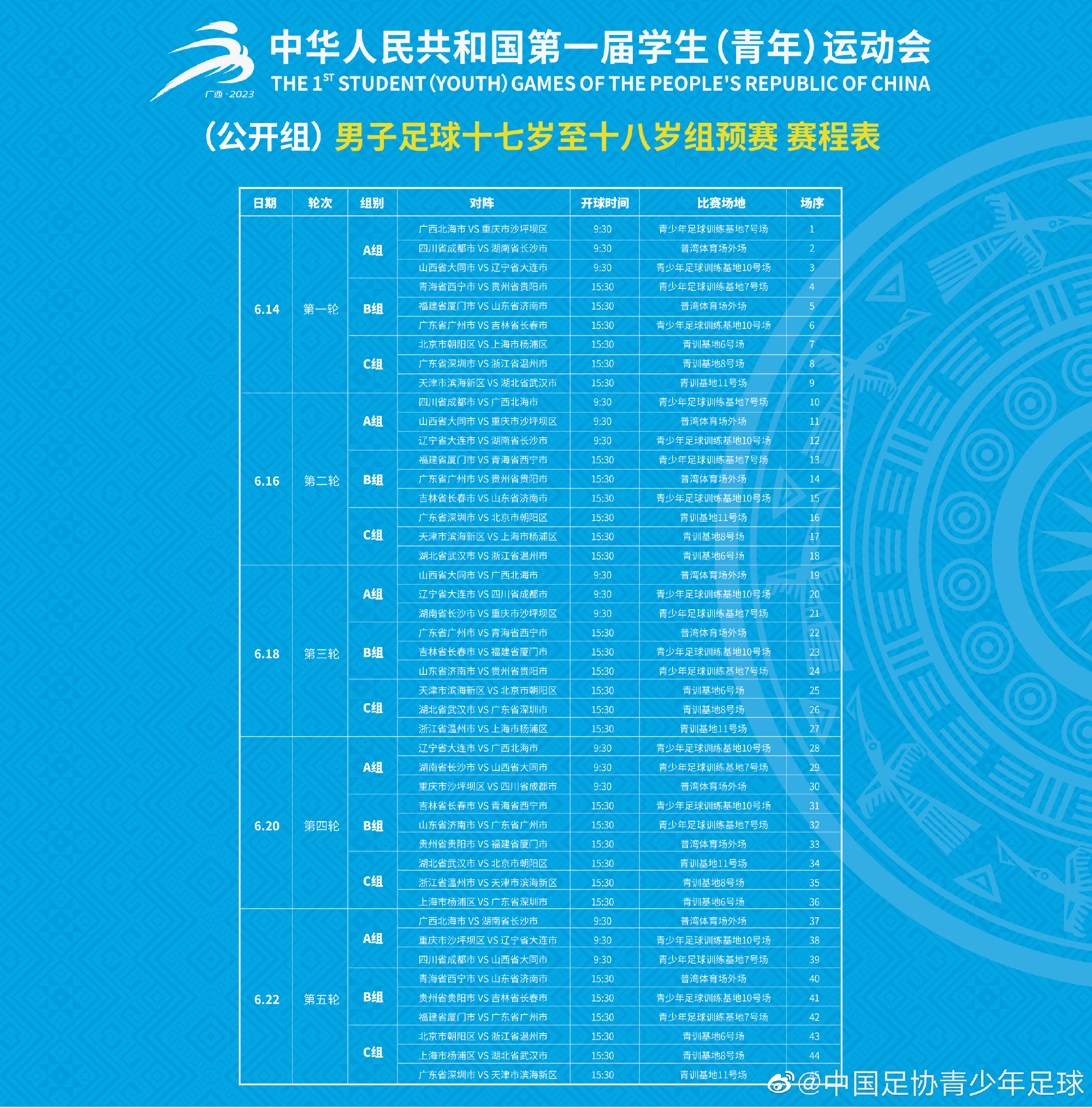 第一届学青会公开组男子足球十七岁至十八岁组预选赛赛程表