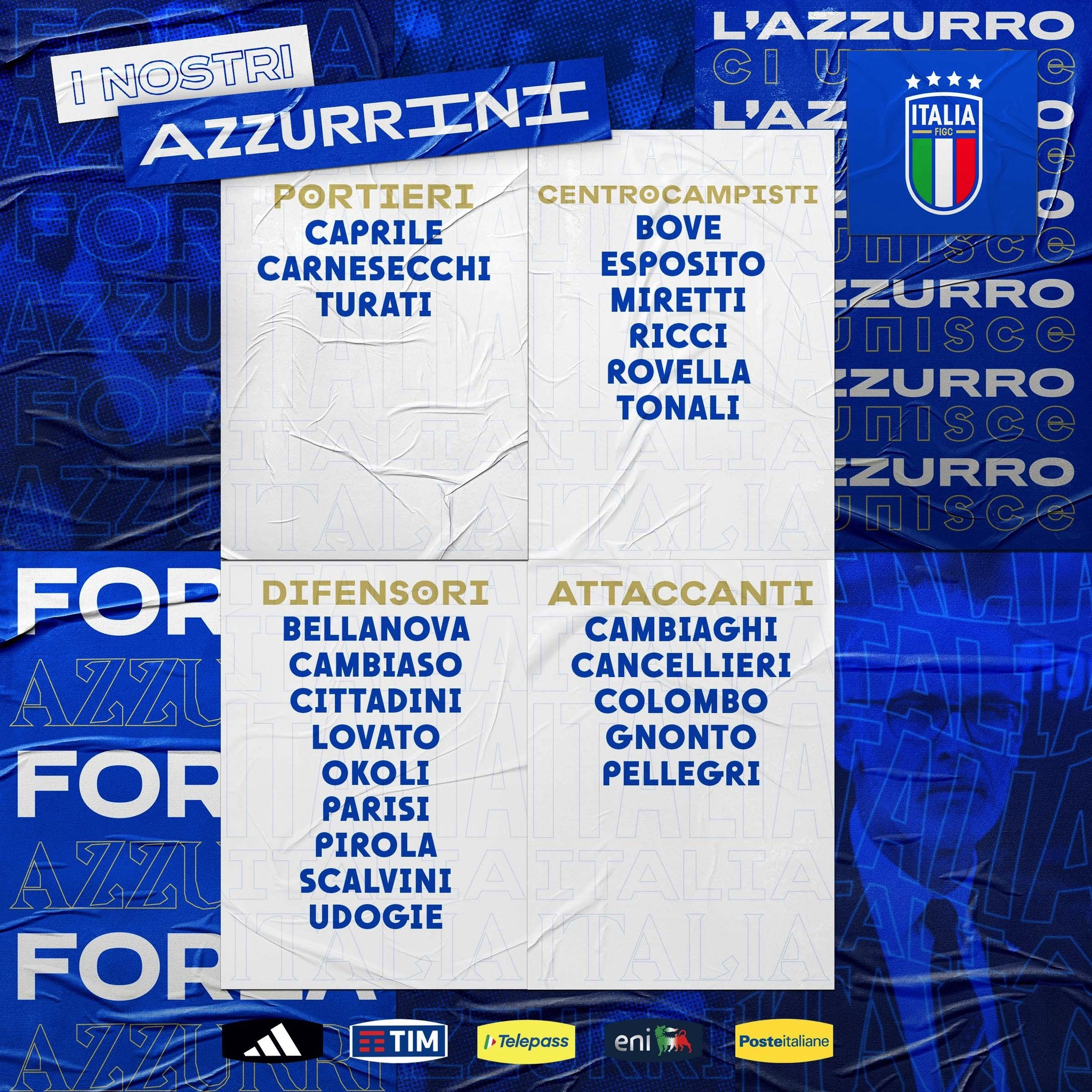 意大利U21名单：托纳利&尼翁托领衔博维&斯卡尔维尼等人在列