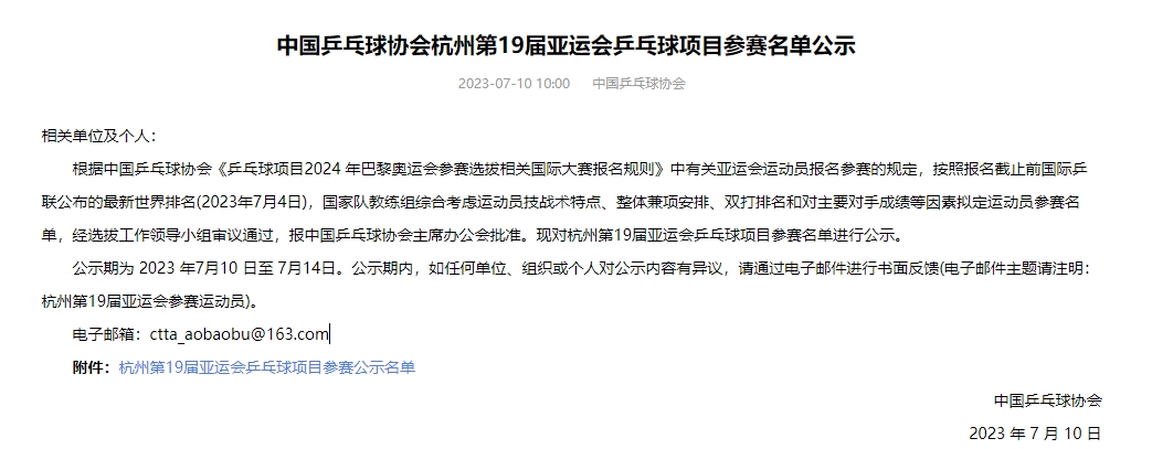 杭州亚运乒乓球名单：王楚钦参加四项比赛，马龙仅参加男团