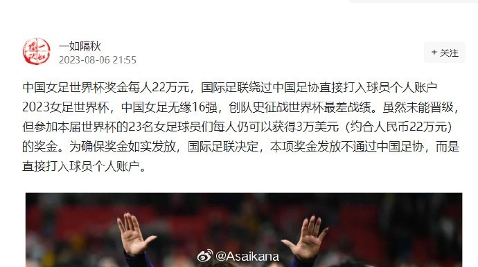 FIFA绕过足协把奖金打给女足队员自媒体又出“球盲兴奋帖”了