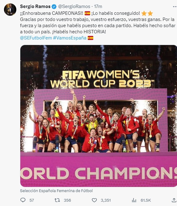 拉莫斯、安切洛蒂更新社媒祝贺西班牙女足：你们创造了历史