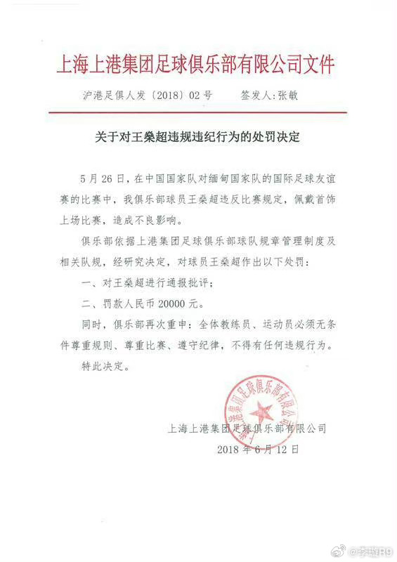 上一次海港主动处罚球员是王燊超戴项链，罚了2万