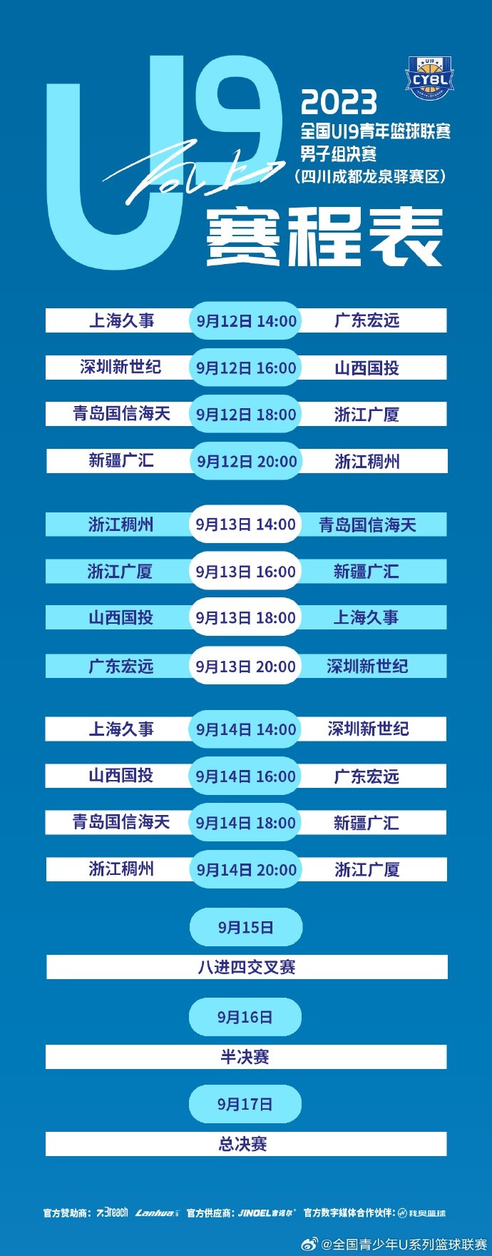 全国U19青年篮球联赛男子组决赛赛程：9月12日17日在成都举行