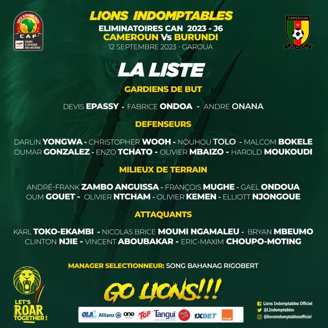 喀麦隆公布最新一期大名单，奥纳纳时隔近9个月重回国家队