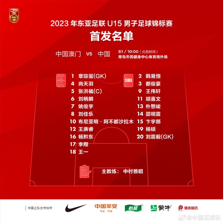 U15国足今天上午10点东亚杯对阵中国澳门，首发名单已公布