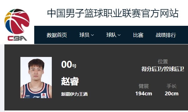 CBA官网显示：赵睿新赛季在新疆男篮将身披00号球衣