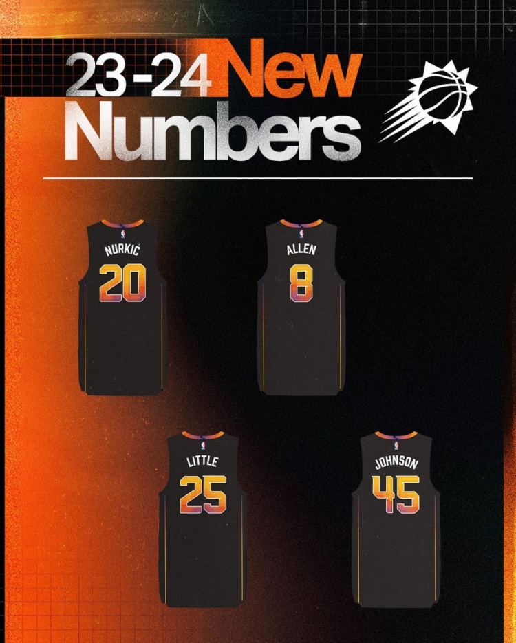 太阳新援新赛季所穿球衣号码：努尔基奇20号格雷森阿伦穿8号