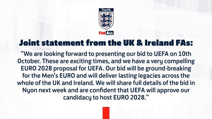 英国&爱尔兰足协联合声明：下周向欧足联提交2028欧洲杯申办方案