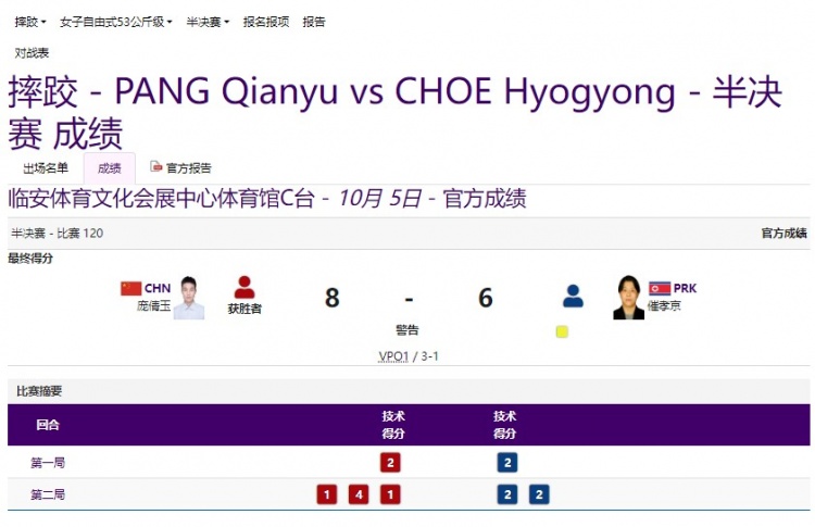 亚运会女子自由式摔跤53公斤级半决赛中国选手庞倩玉杀入决赛