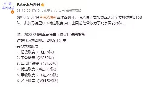 博主：09年北京小将毛艺博留洋西班牙，出国前曾效力国安梯队