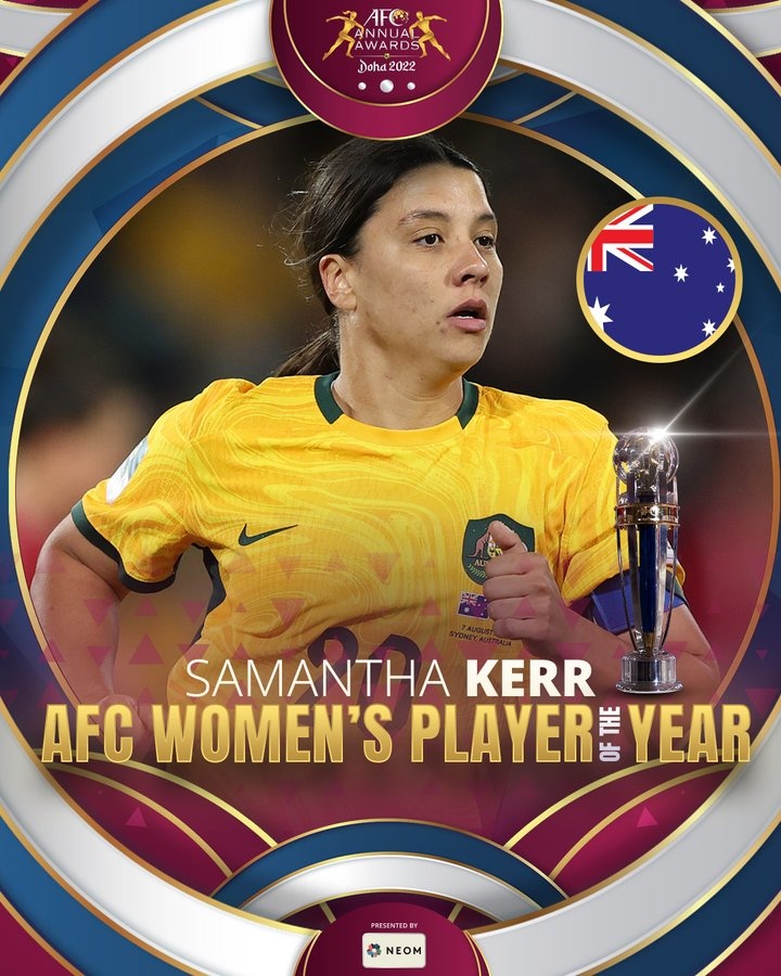 官方：澳大利亚前锋萨姆科尔当选2022亚足联年度最佳女足球员