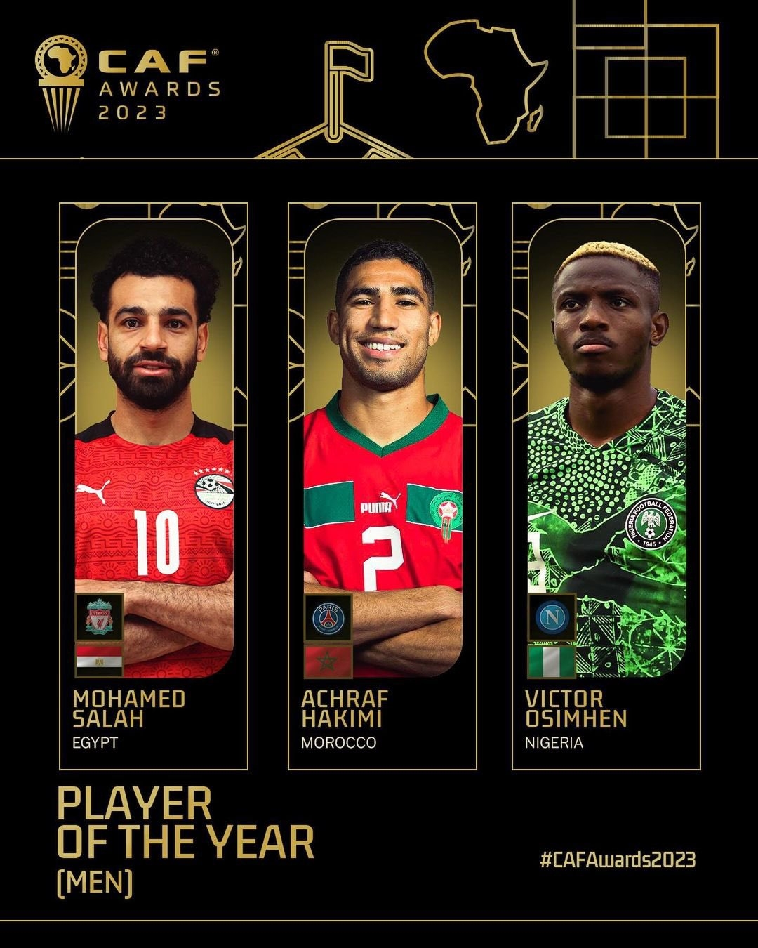 非洲年度最佳球员候选：萨拉赫、阿什拉夫、奥斯梅恩