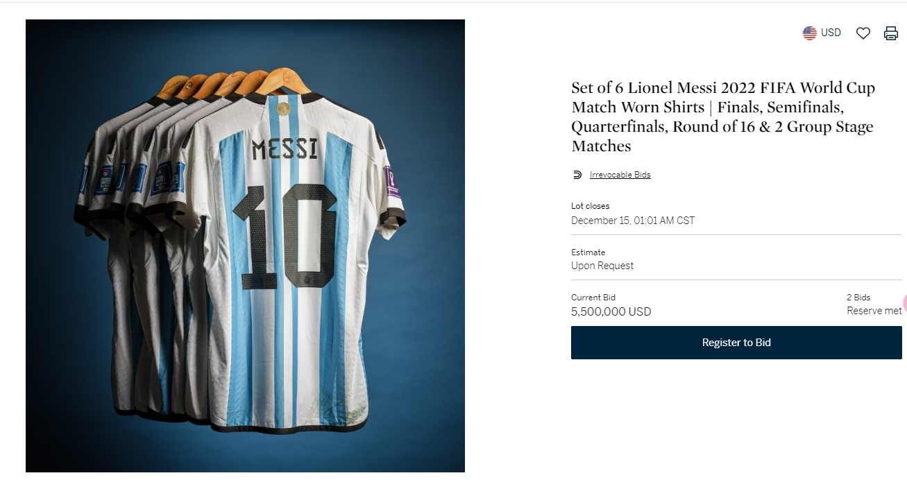 还剩4天梅西世界杯落场版球衣目前最高竞拍价是550万美元