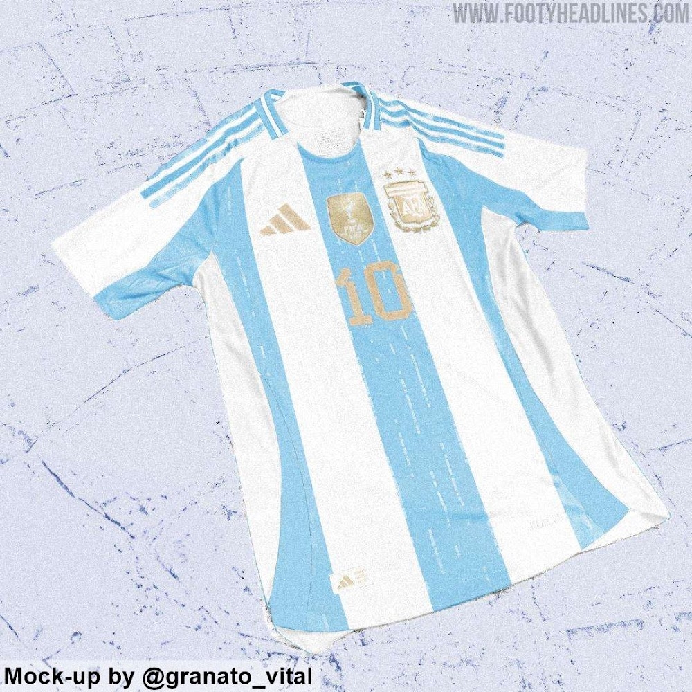 阿根廷2024年主场球衣谍照：经典蓝白条纹，搭配金色字体和Logo
