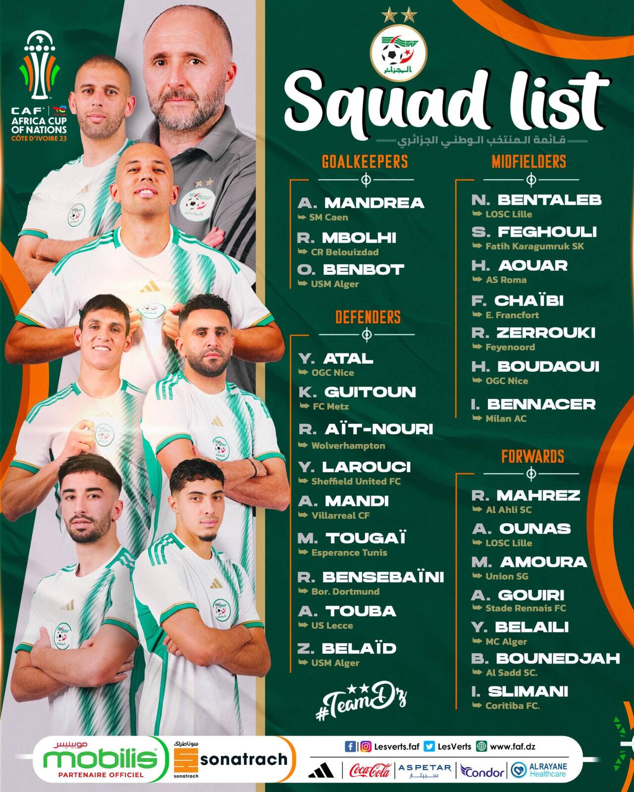 阿尔及利亚公布非洲杯大名单：马赫雷斯领衔本纳塞尔入选