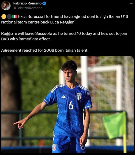 罗马诺：多特敲定萨索洛16岁中卫雷吉亚尼，球员今日加盟