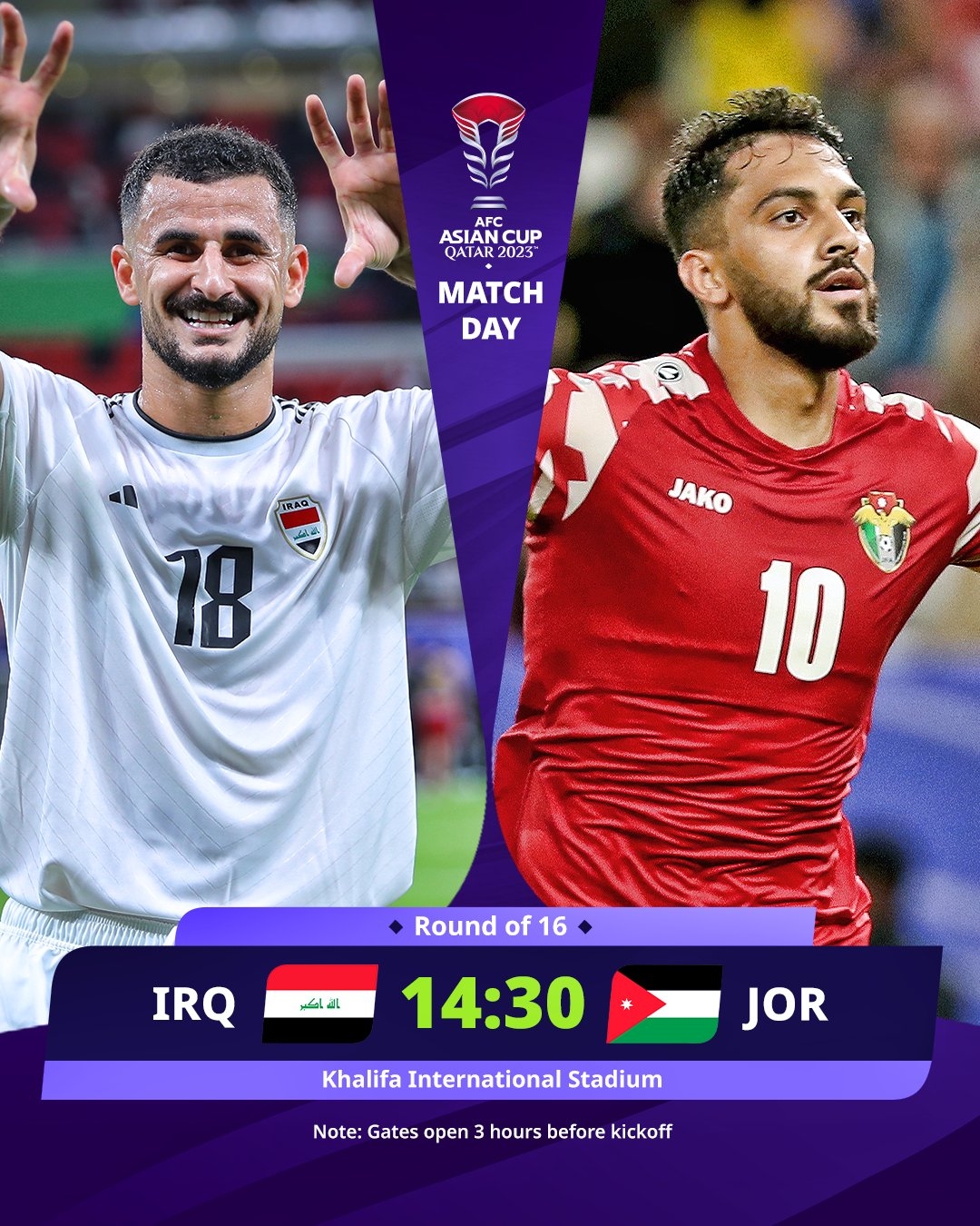 亚洲杯18决赛伊拉克vs约旦首发：侯赛因先发，塔马里出战