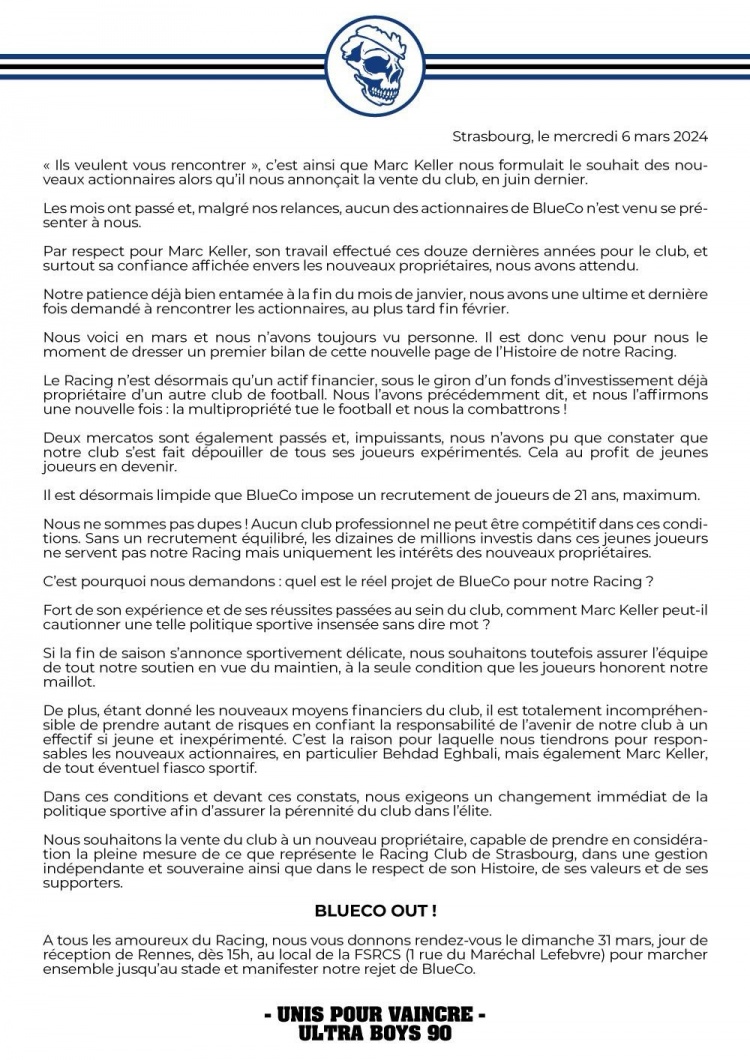 斯特拉斯堡球迷组织要求清湖资本改革，质疑新股东强行U21政策