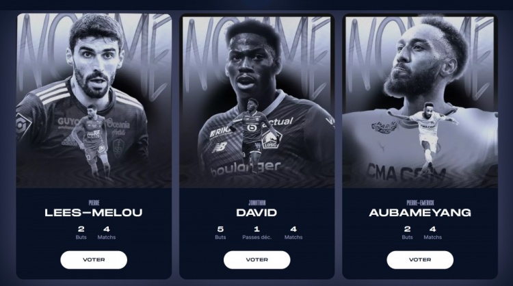 法甲2月最佳球员3人候选：奥巴梅扬、乔纳森戴维、里斯梅洛